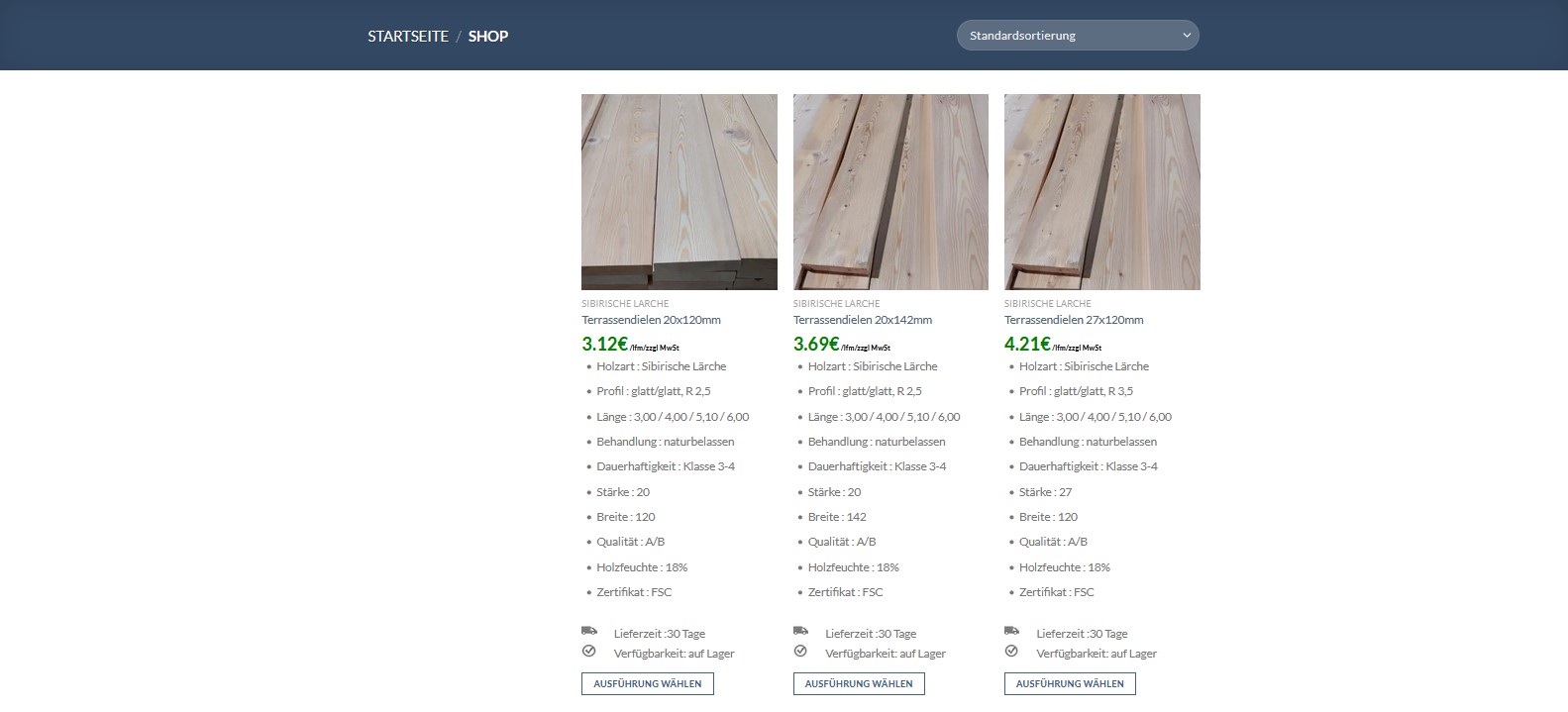 Online-Shop für Holzprodukte. Produktseite zum Online-Kauf
